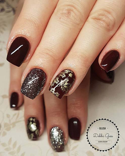 Dark Polish and Gold Leaf Nail Design for Winter Nail Ideas