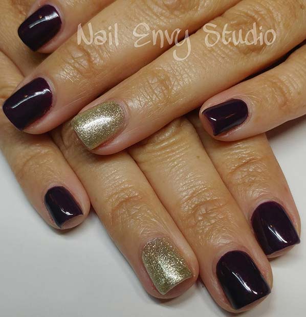Dark Purple Nails with Gold Glitter Accent Nail for Winter Nail Ideas