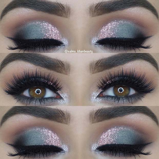 Grey and Pink Glitter Eye Makeup 