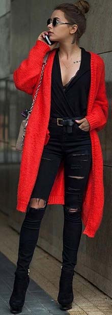 Trendy Red Coat and Ripped Jeans
