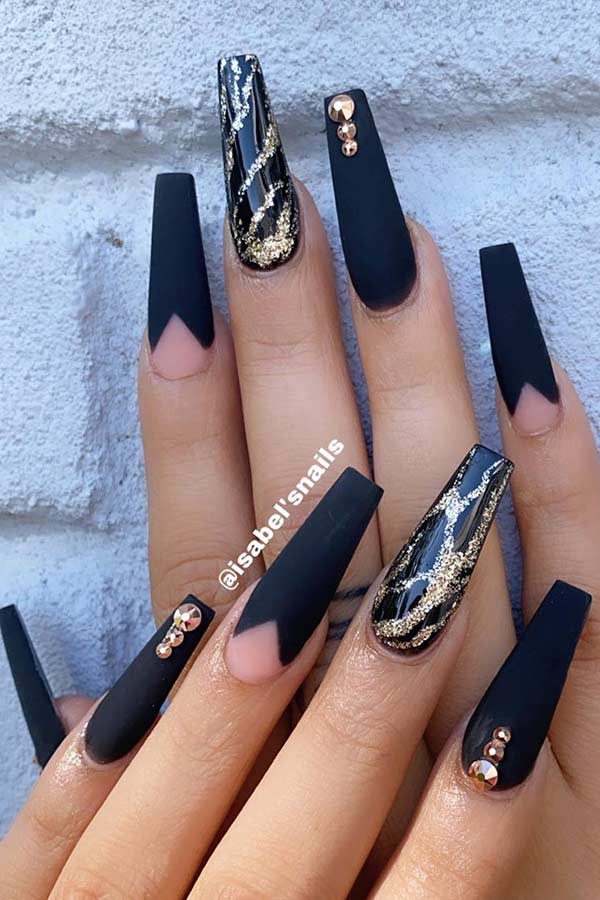 Matte Black and Gold Coffin Nails