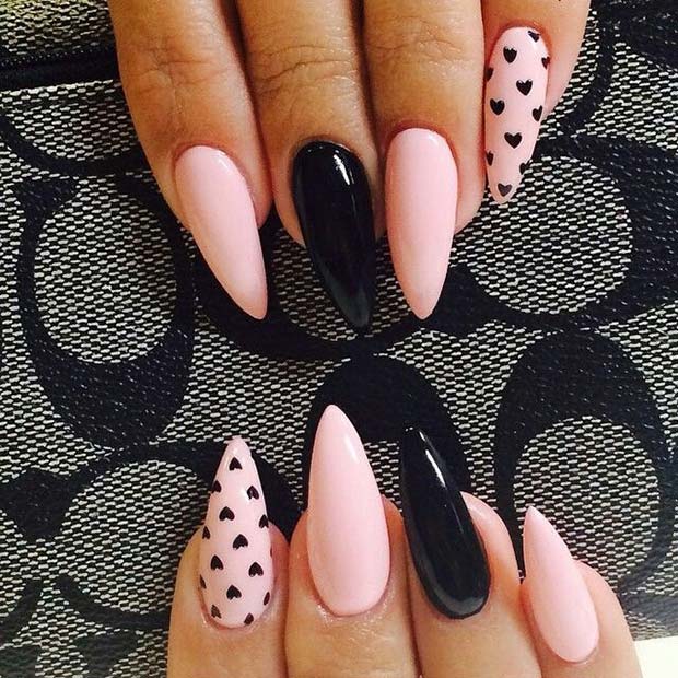 Stylish Black and Pink Stiletto Heart Nails