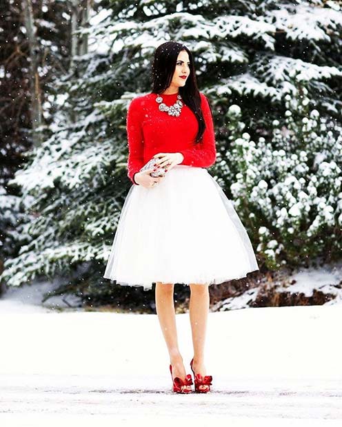 White Tulle Skirt and Red Sweater
