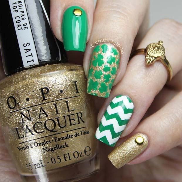 Green and Gold St Patrick's Day Nails