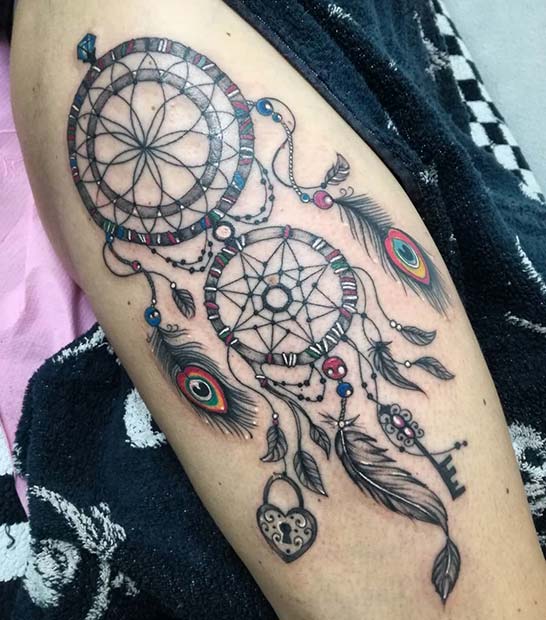 Dream Catcher Tattoo with Peacock Feathers