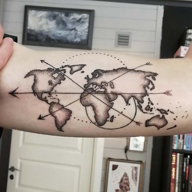 Arrows and World Map Tattoo Idea