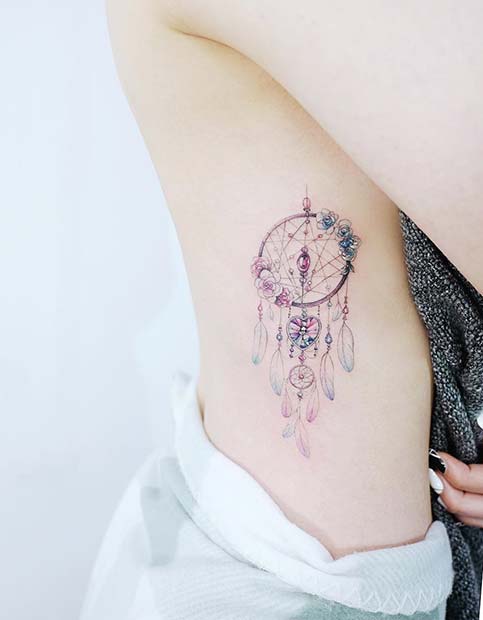 Beautiful Dream Catcher Tattoo with Gems and Flowers