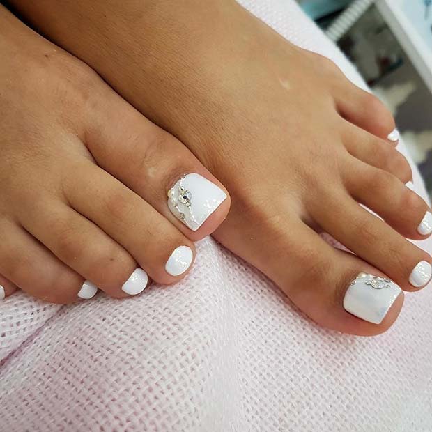 White, Elegant Toe Nail Design with Rhinestones