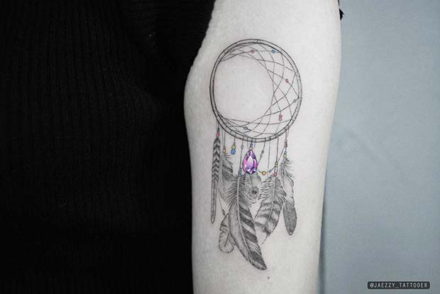 Delicate Dream Catcher Tattoo with Jewel 