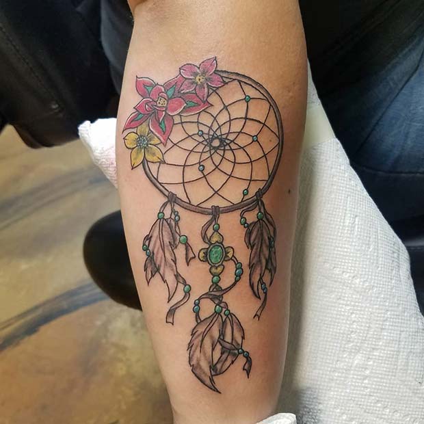 Dream Catcher Tattoo with Bright Flowers