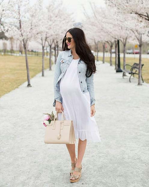 White Dress and Denim Jacket Maternity Outfit 