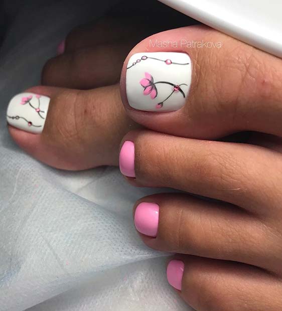 Pink and White Floral Toe Nail Design 