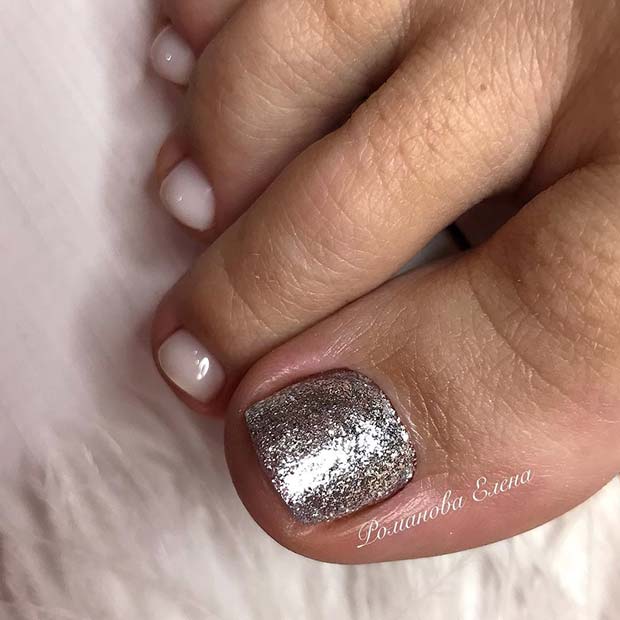 Silver Glitter and White Toe Nail Design 