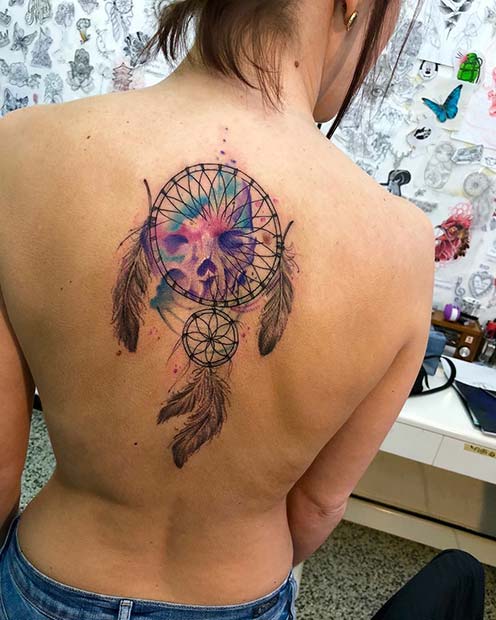 Watercolor Dream Catcher Tattoo on Back