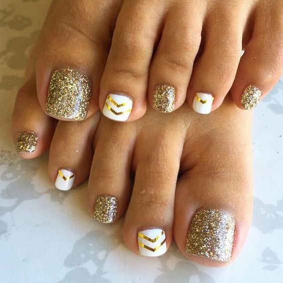 White and Gold Toe Nail Design