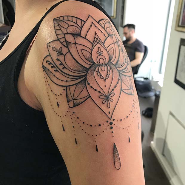 Beautiful Lotus Flower Shoulder Tattoo