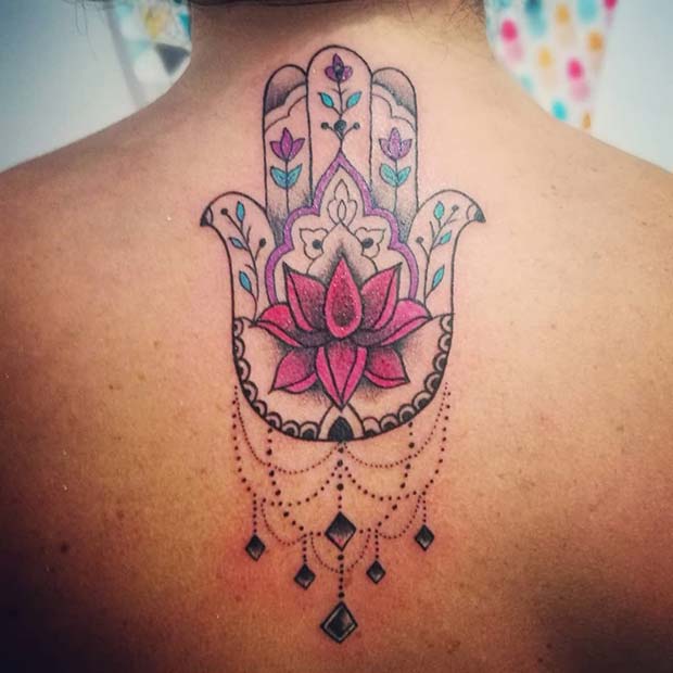 Hamsa Hand and Lotus Back Tattoo 