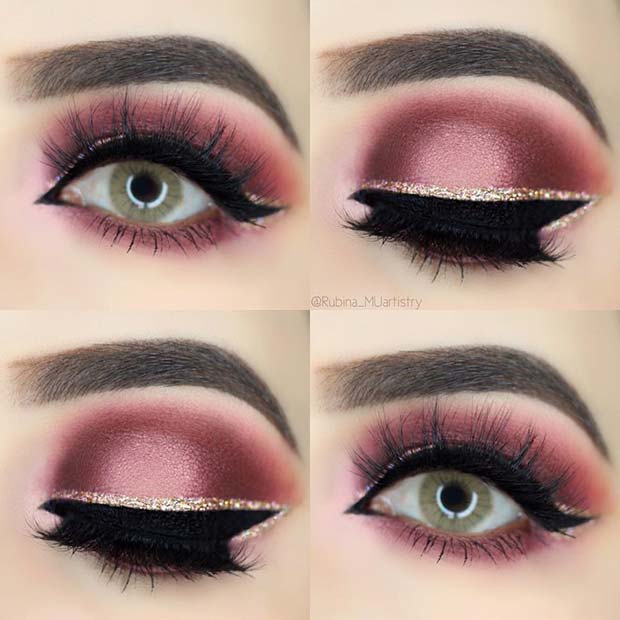 Pretty Burgundy Eye Makeup with Gold Glitter 