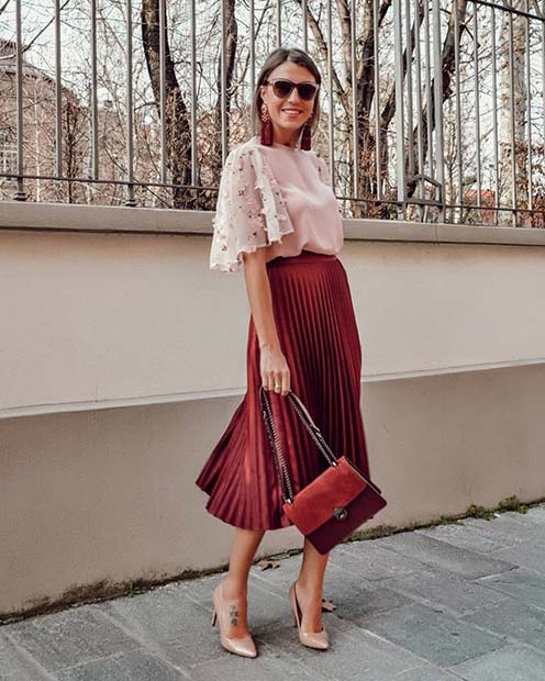 Pleated Midi Skirt Outfit Idea for Work 