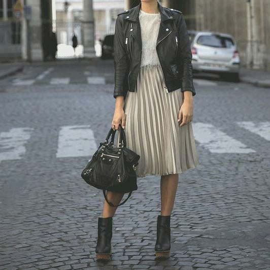 Midi Skirt and Leather Jacket Work Outfit Idea
