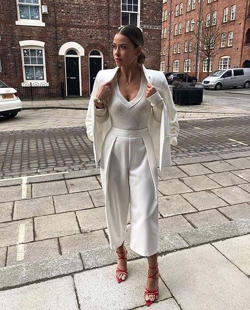 All White Party Outfit Idea with Red Heels