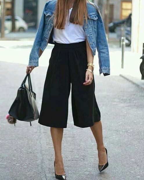Trendy Black Culottes Outfit Idea for Work
