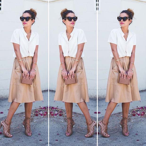 White Shirt and Midi Skirt Outfit 