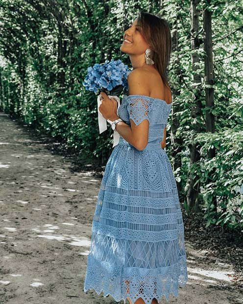 Beautiful Blue Off-the-Shoulder Lace Dress 