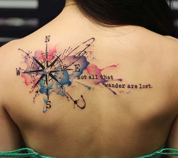 Watercolor Compass Back Tattoo Idea