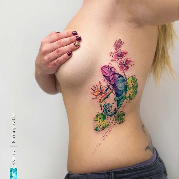 Colorful Chameleon Rib Tattoo Idea