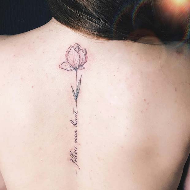 Delicate Flower & Quote Back Tattoo Idea