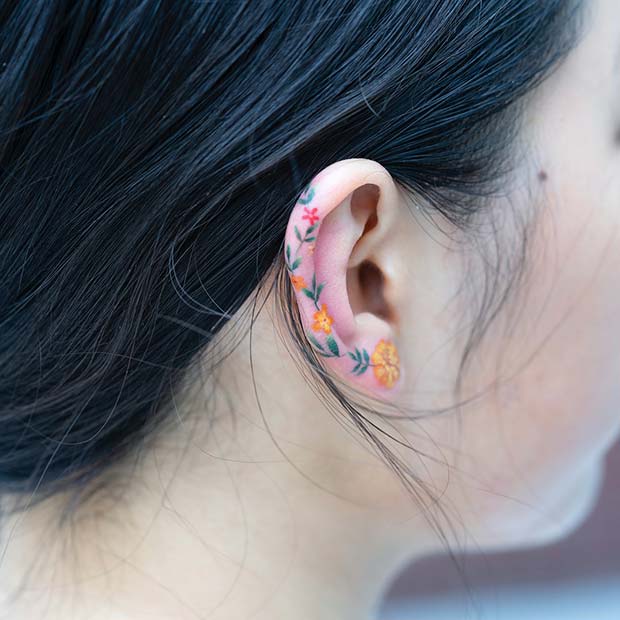 Colorful, Floral Ear Tattoo Idea