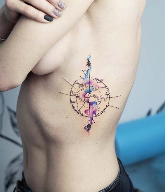 Watercolor, Side Rib Map Tattoo Idea