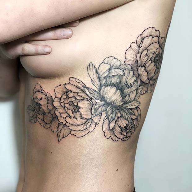 Large Peony Rib Tattoo Idea