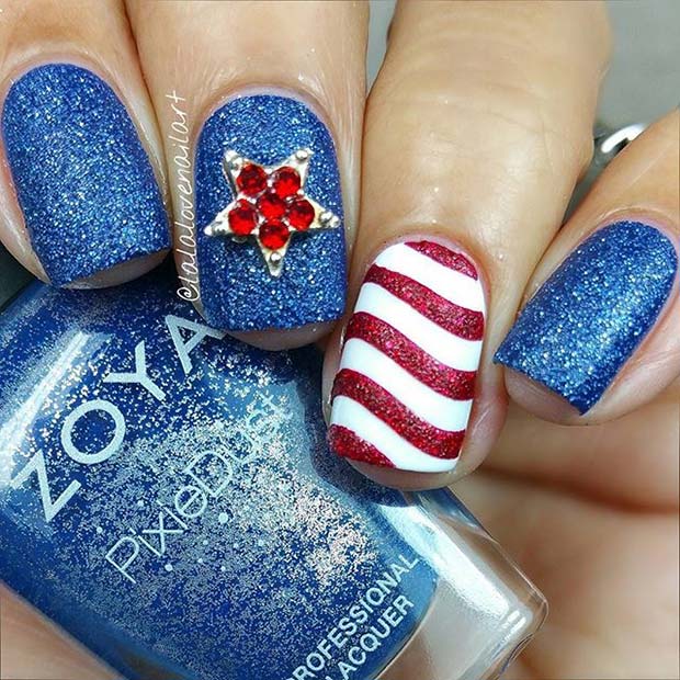 Red and Blue Glitter Nails for 4th of July