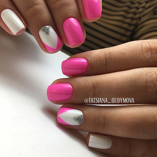 Vibrant Pink and White Summer Nails 