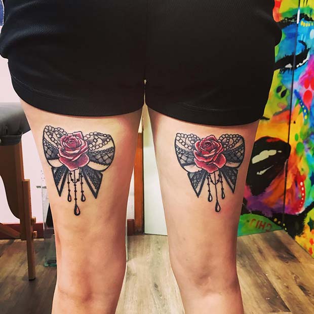 Back of Thigh Tattoo with Bows and Roses 