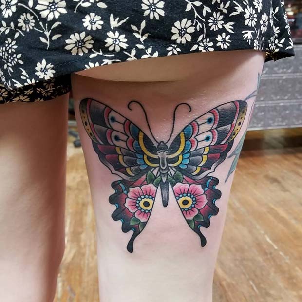 Colorful Butterfly Back of Thigh Tattoo 
