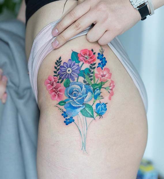 Colorful Floral Hip Tattoo