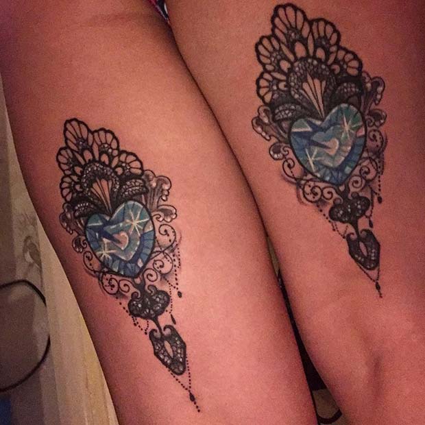 Crystal Hearts Back of Thigh Tattoos 