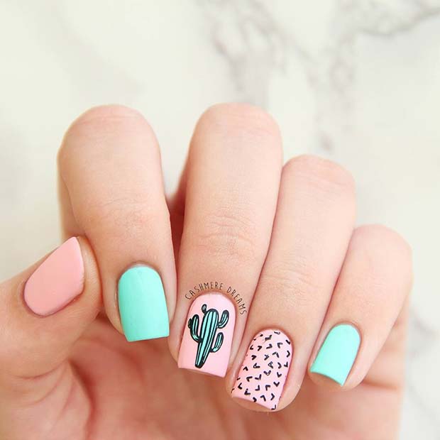 Cute Cactus Nail Design for Summer