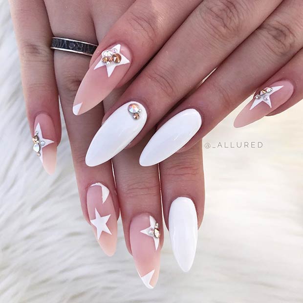 Elegant White Nails with Stars