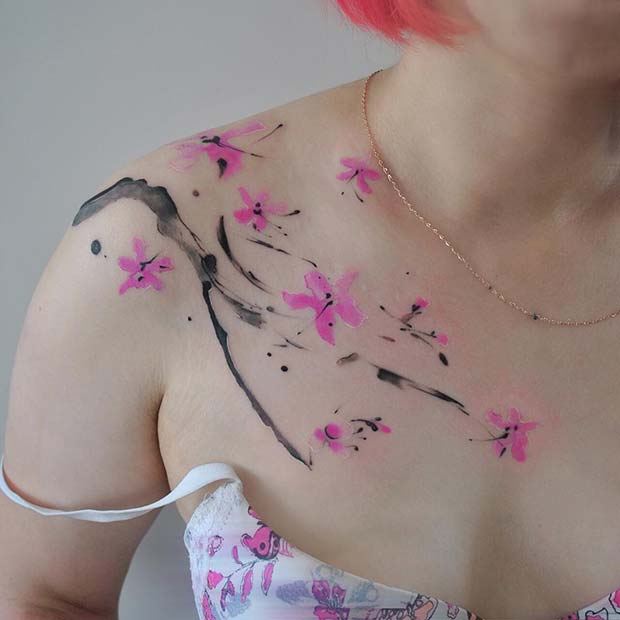Watercolor Cherry Blossom Shoulder Tattoo 