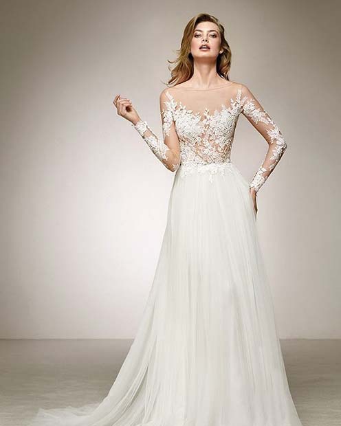 Robe de mariée avec corsage et manches en dentelle pure