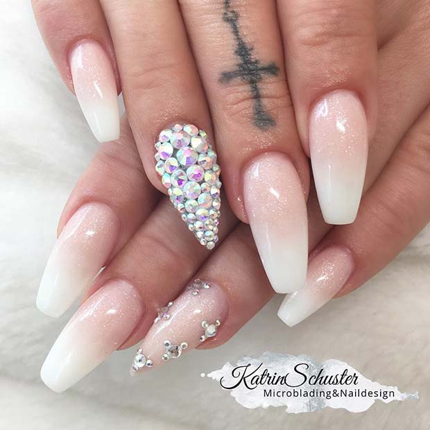 Ombre Coffin Nails with Rhinestones