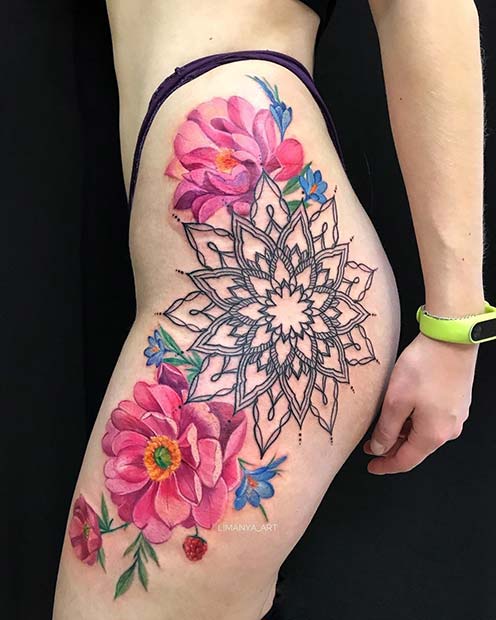 Bold Mandala and Flowers Hip Tattoo Idea
