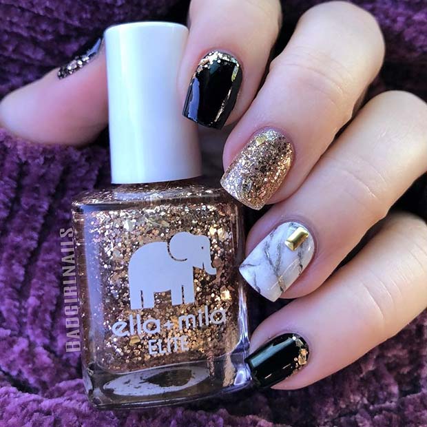 Marble, Black and Gold Glitter Nails