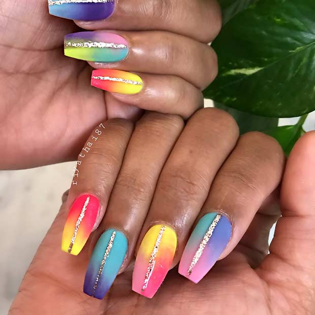 Matte Rainbow Coffin Nails with Glitter