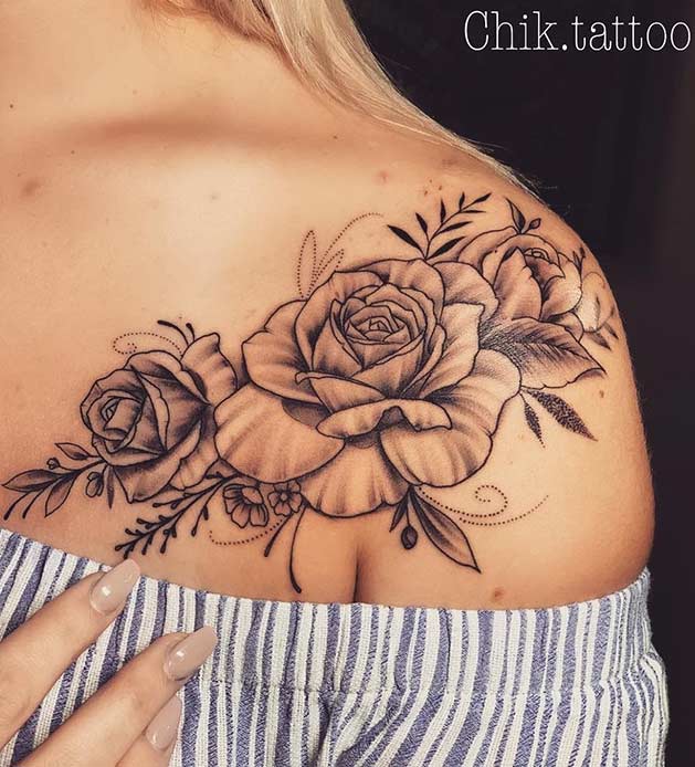 Female Chest Shoulder Tattoo