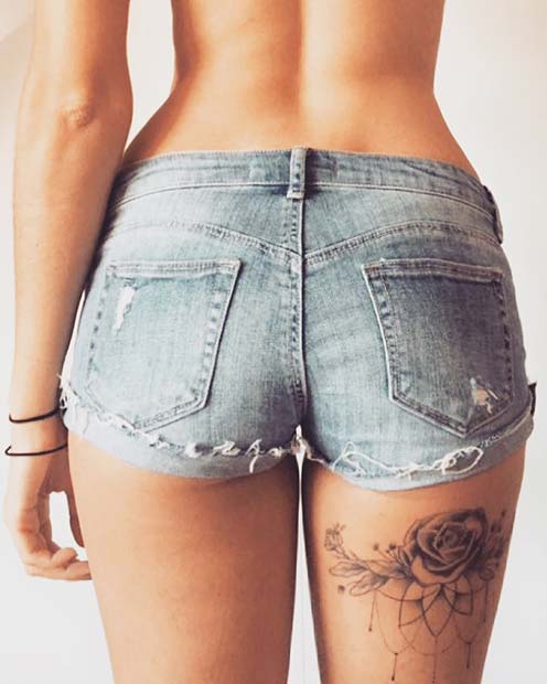 Back of Thigh Rose Tattoo 